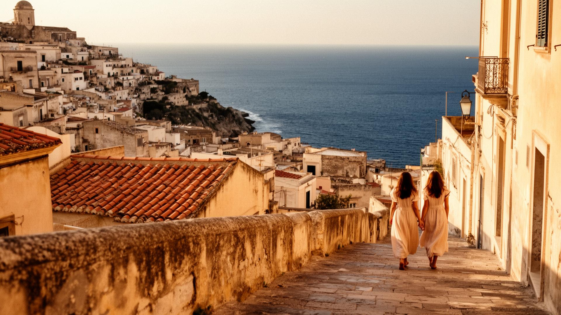 Two women walking a sun-washed Sicilian street toward the sea